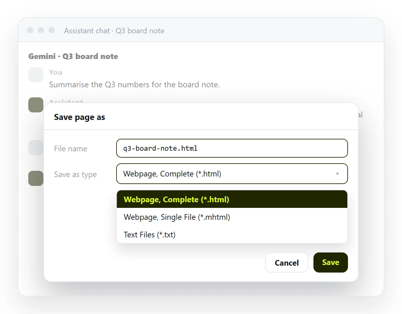A browser Save page as dialog with the file type set to a web page, over an open conversation.