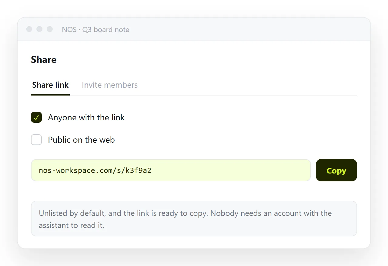 The Share panel with the created link, unlisted by default and ready to copy.