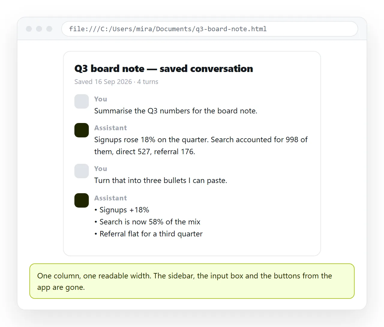 The wrapped conversation rendered as a plain page with one column of readable text.