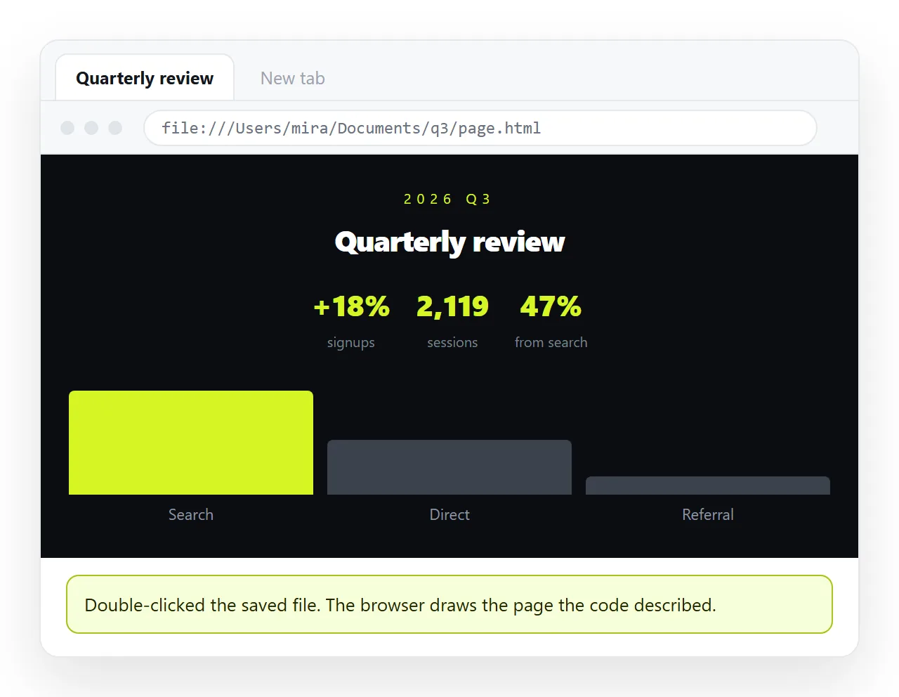 The saved file open in a browser tab, drawn as a styled page.