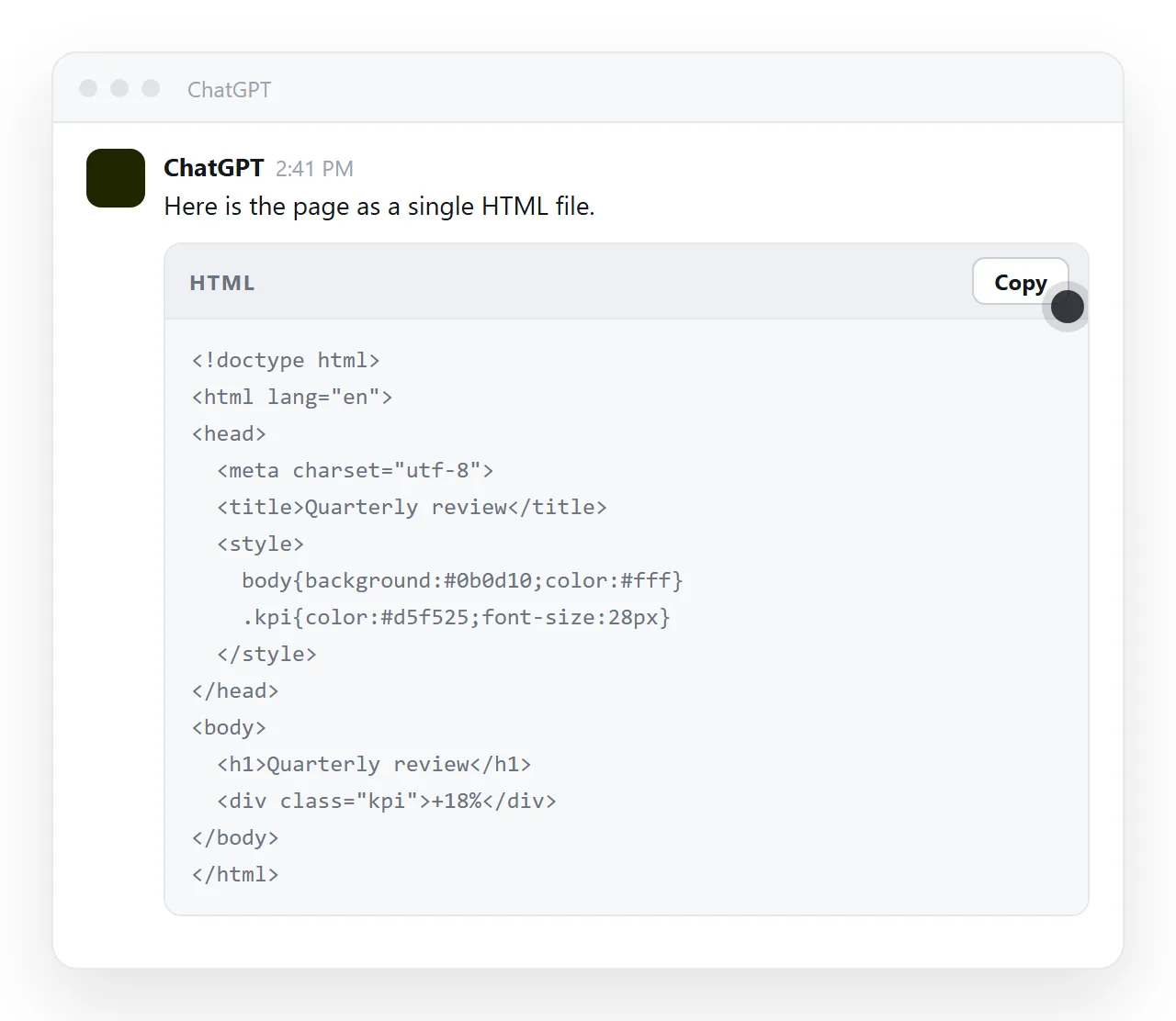 A code block in a chat window with the copy button in its top right corner.