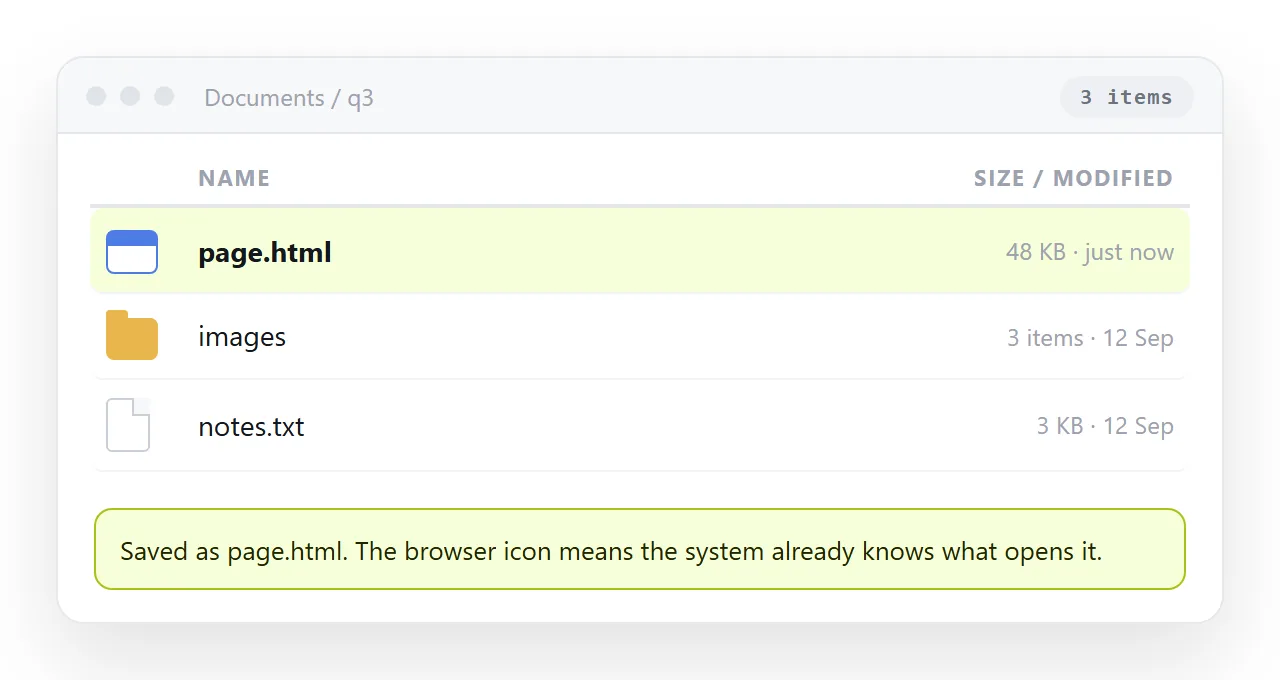 A folder in list view showing page.html with a browser icon beside it.