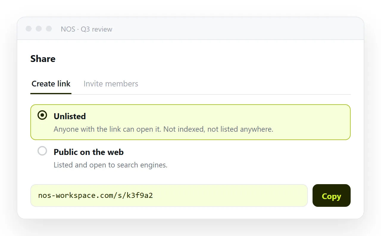 The share panel with Create link selected and the unlisted setting showing.