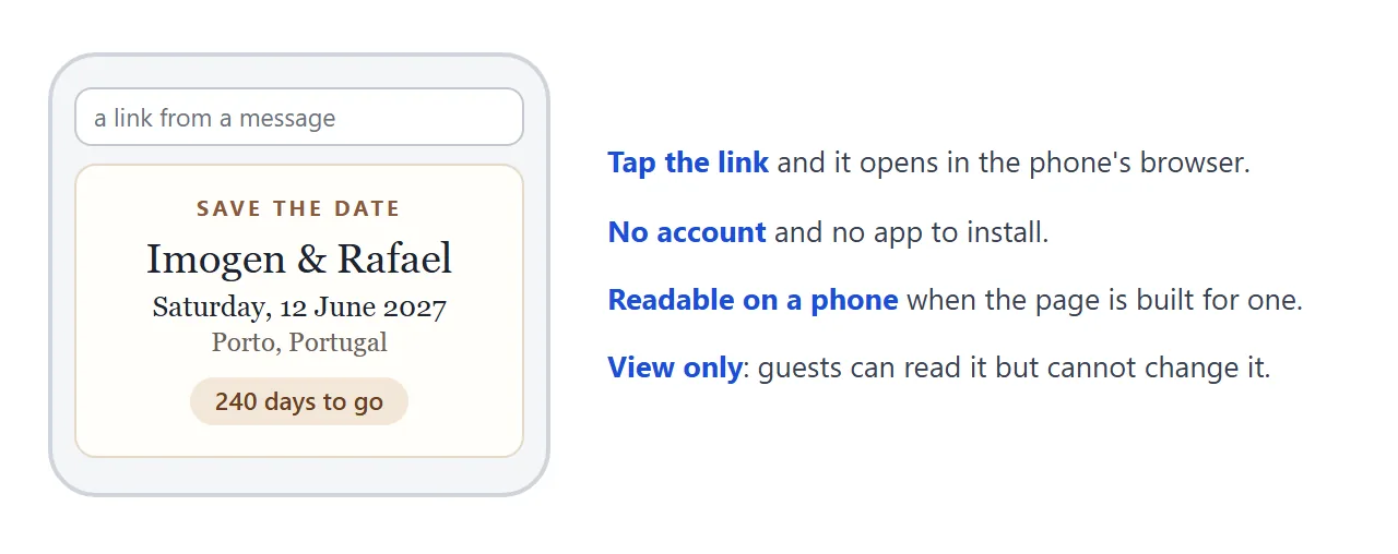 What a guest sees: tap the link, the page opens in the browser, no sign-in.
