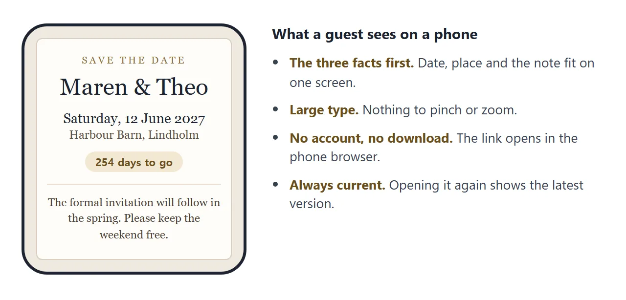 What a guest sees when the link is opened on a phone.