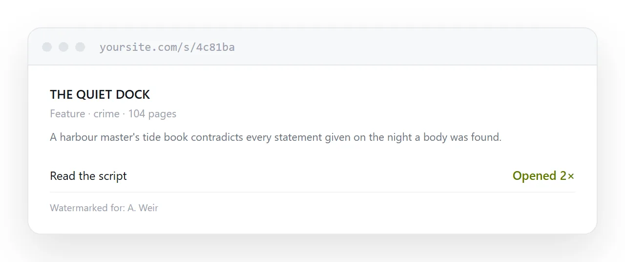A script address with title, format, length and premise above the document.