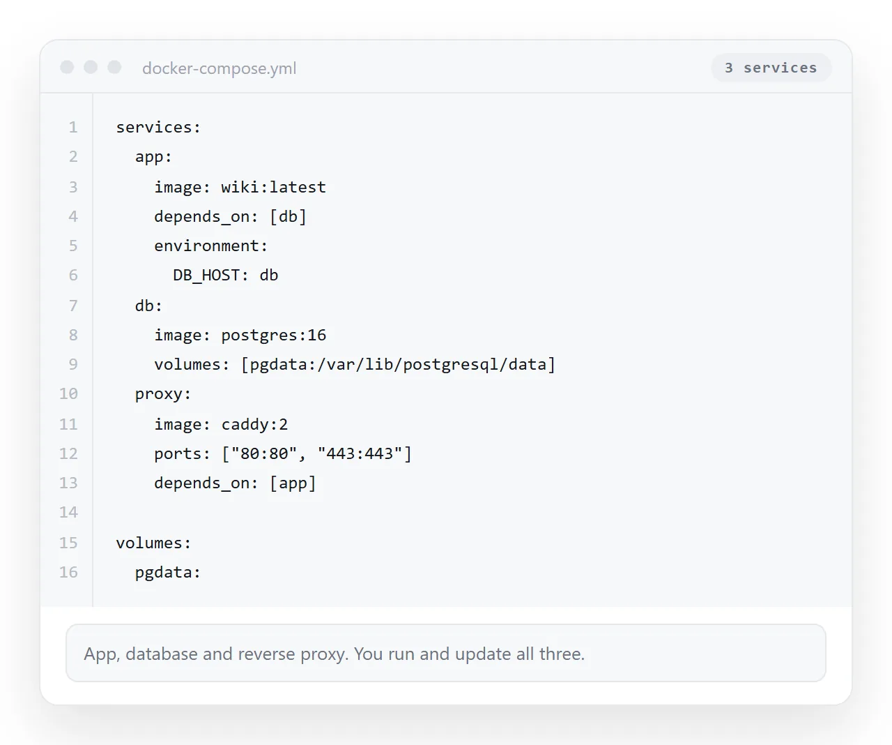 A docker compose file for a self hosted wiki, showing app, database and reverse proxy services.