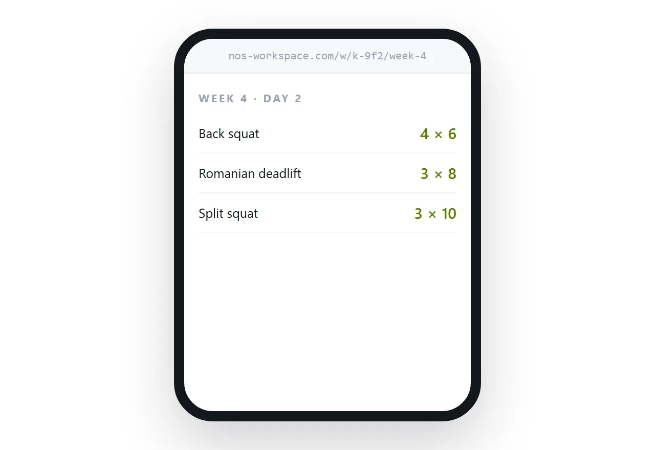 A training week on a phone showing today's session with sets and reps in large text.