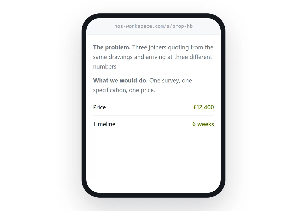 A proposal page on a phone showing problem, approach, price and timeline without scrolling.