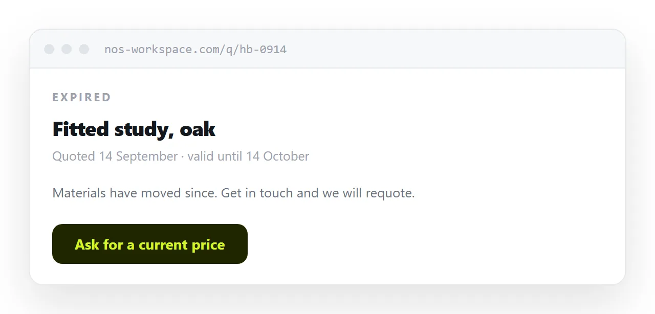 A quote page marked expired with a note to get in touch for a current price.
