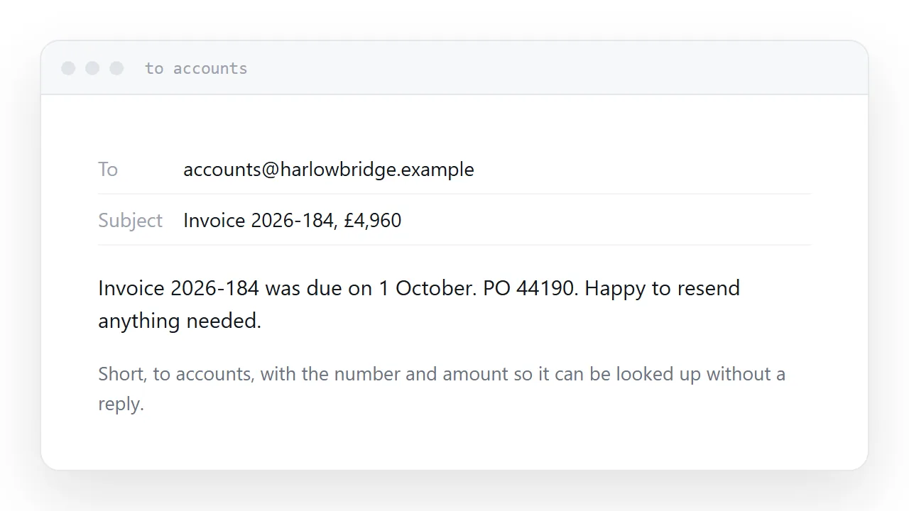 A short chasing message to an accounts address with the invoice number and amount.