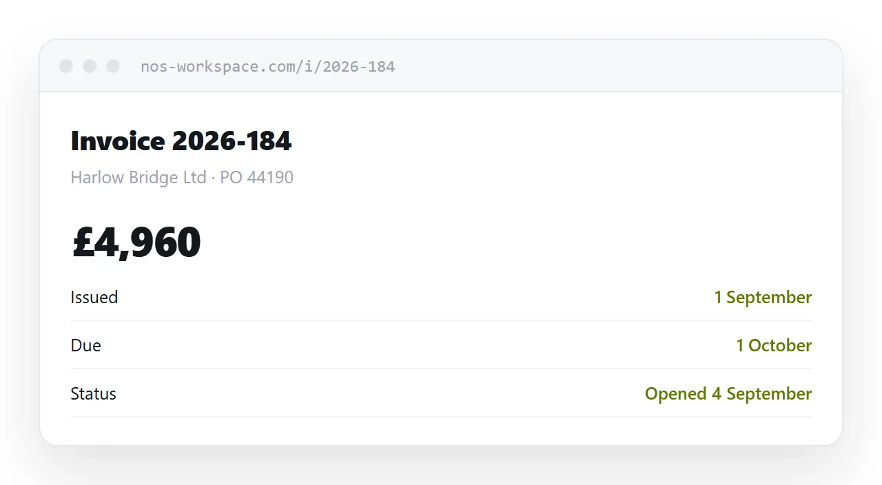 An invoice page showing the amount, terms and current status.