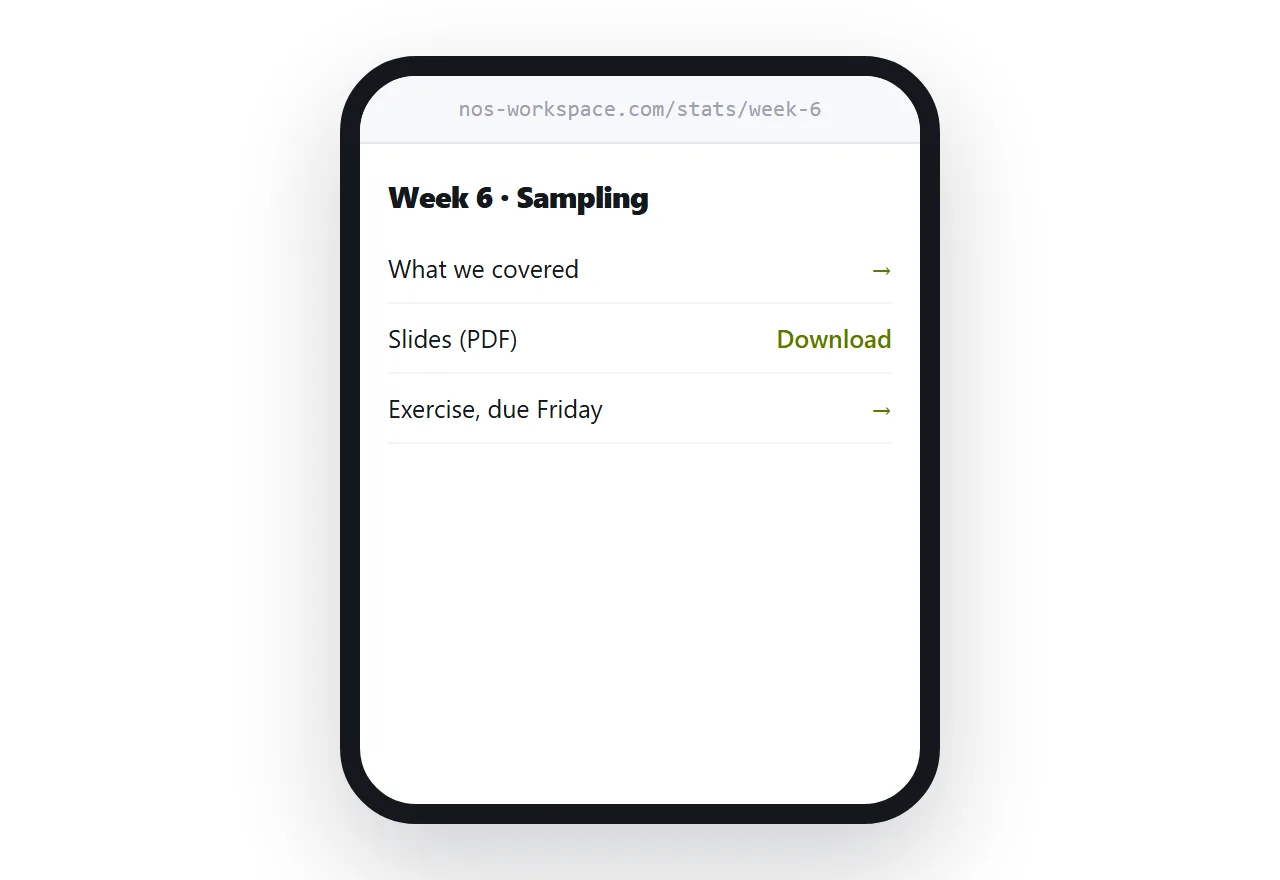 A session page on a phone listing slides, reading and the exercise.