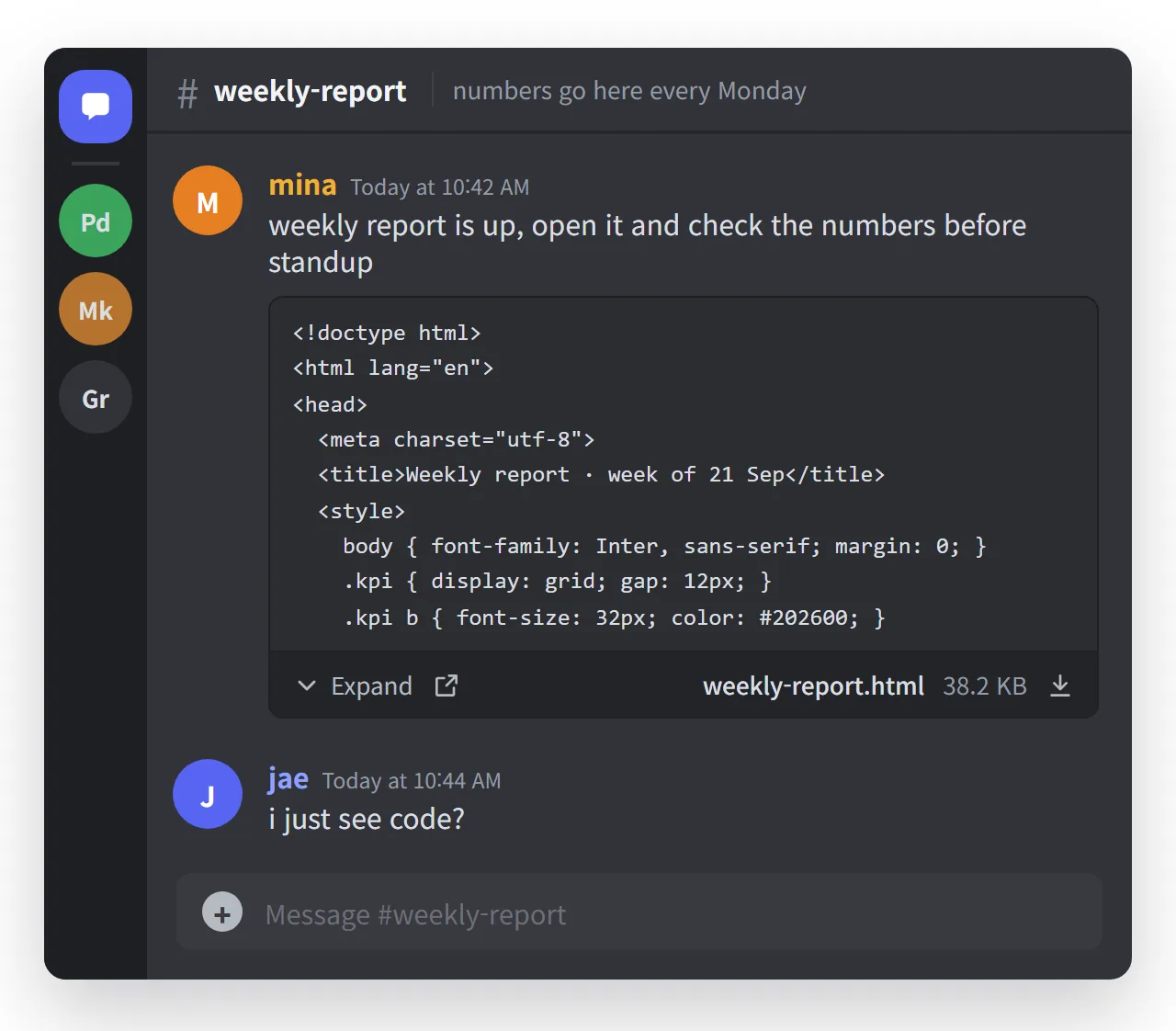An .html file uploaded to Discord. The channel gets the first lines of source code, not the page.
