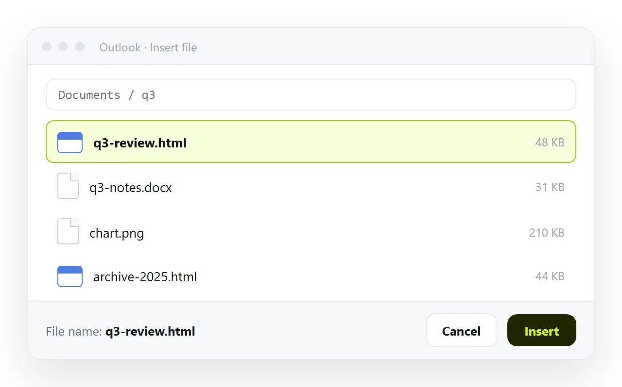 The Outlook attach dialog with an HTML file selected.
