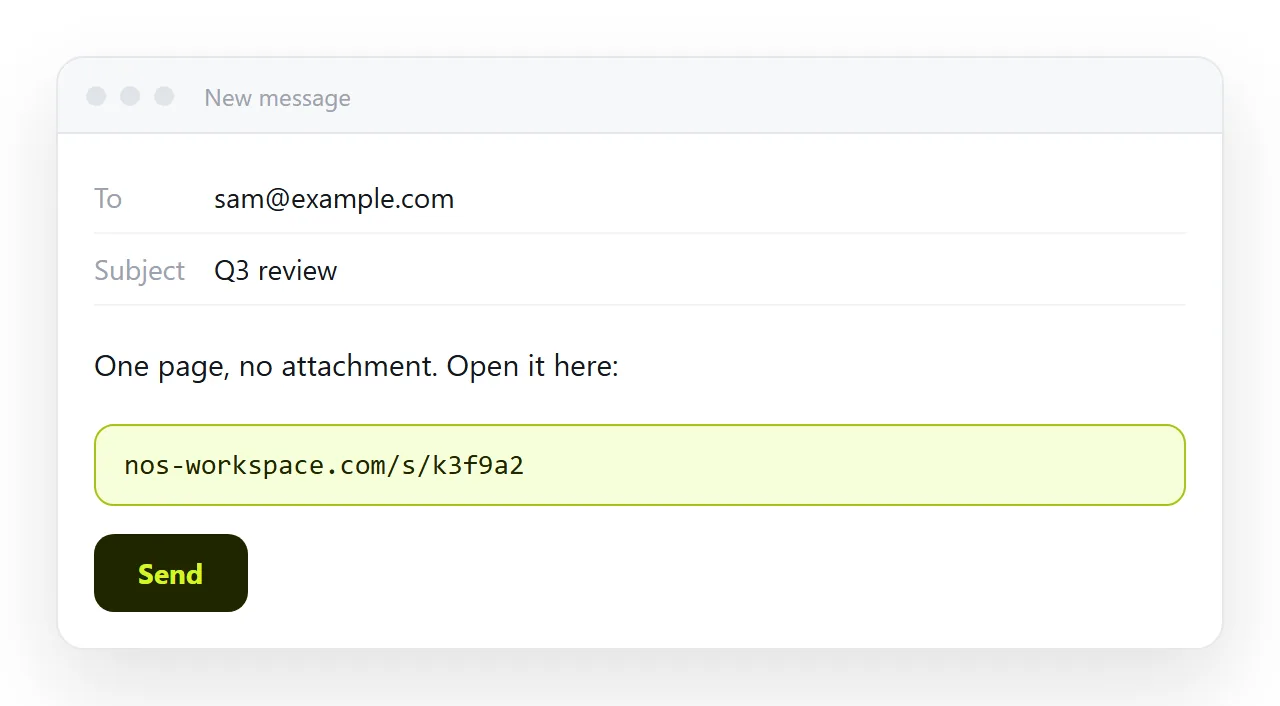A short message with the page address on its own line, no attachment.