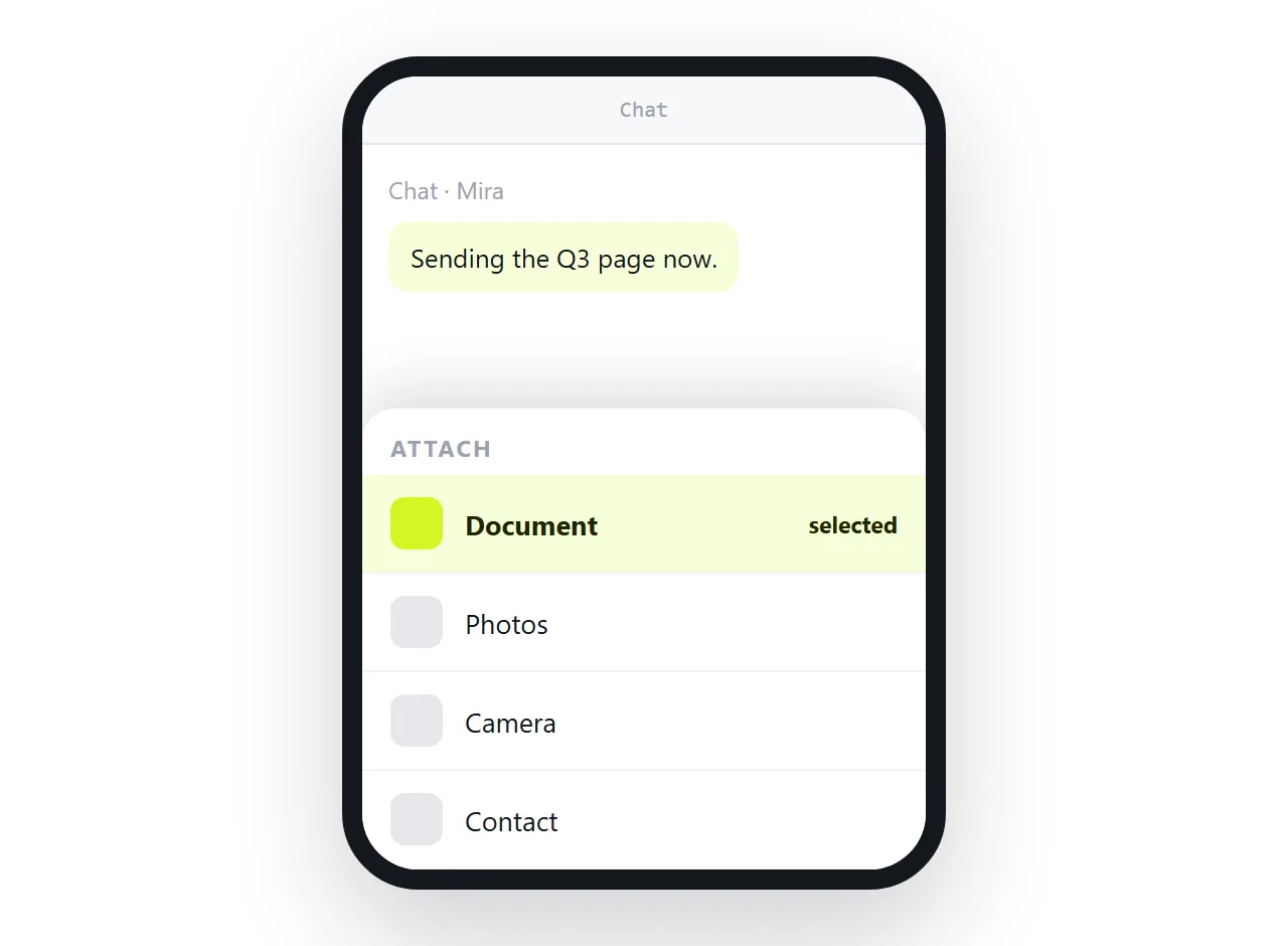 The attachment menu with the document option selected rather than the photo option.