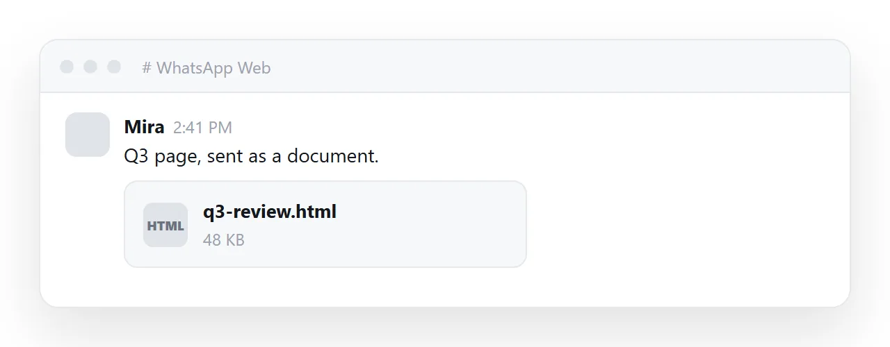 The received HTML document in the chat, shown as a file row with the size underneath.