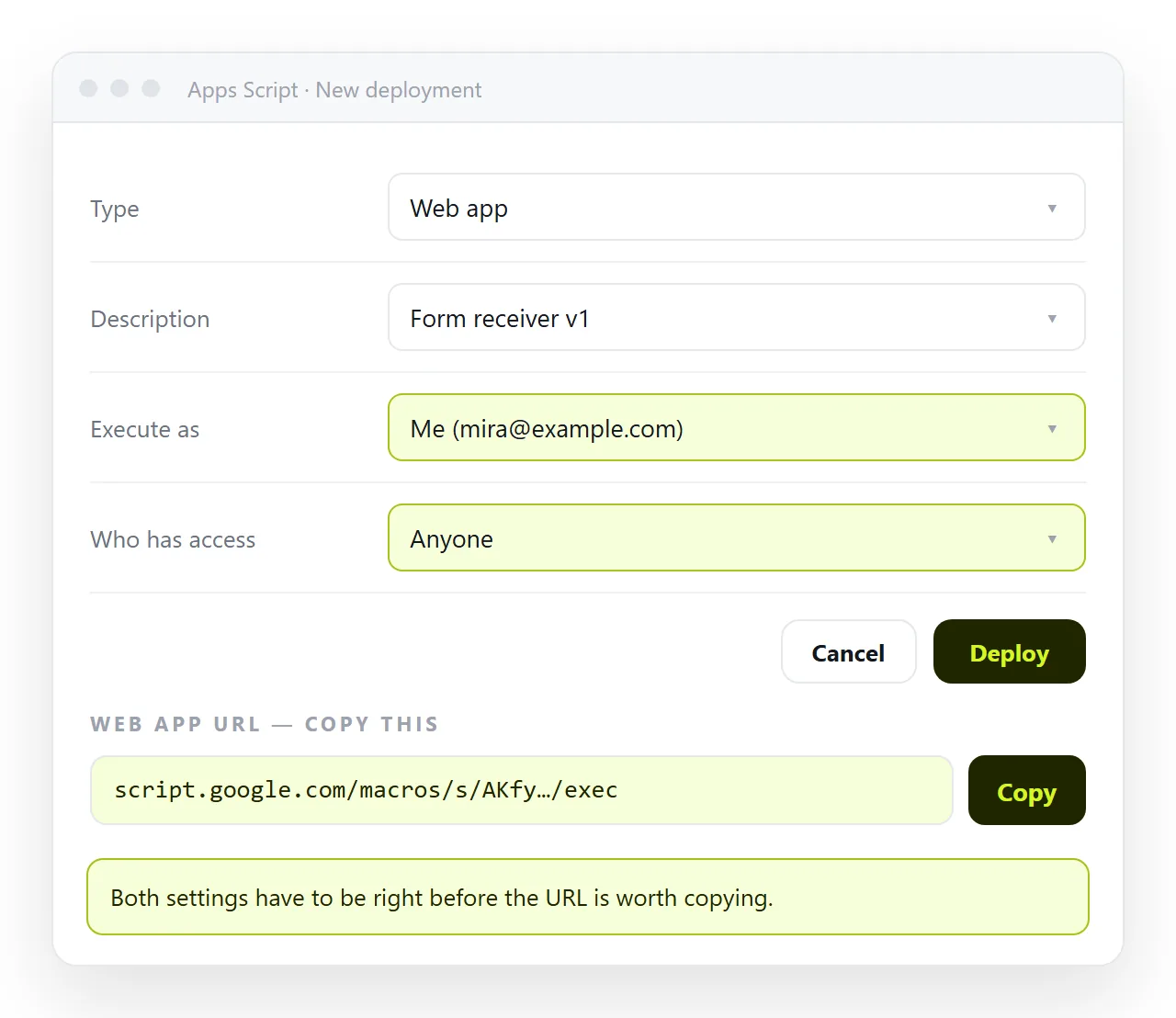 The Apps Script deployment dialog with execution and access set before copying the URL.