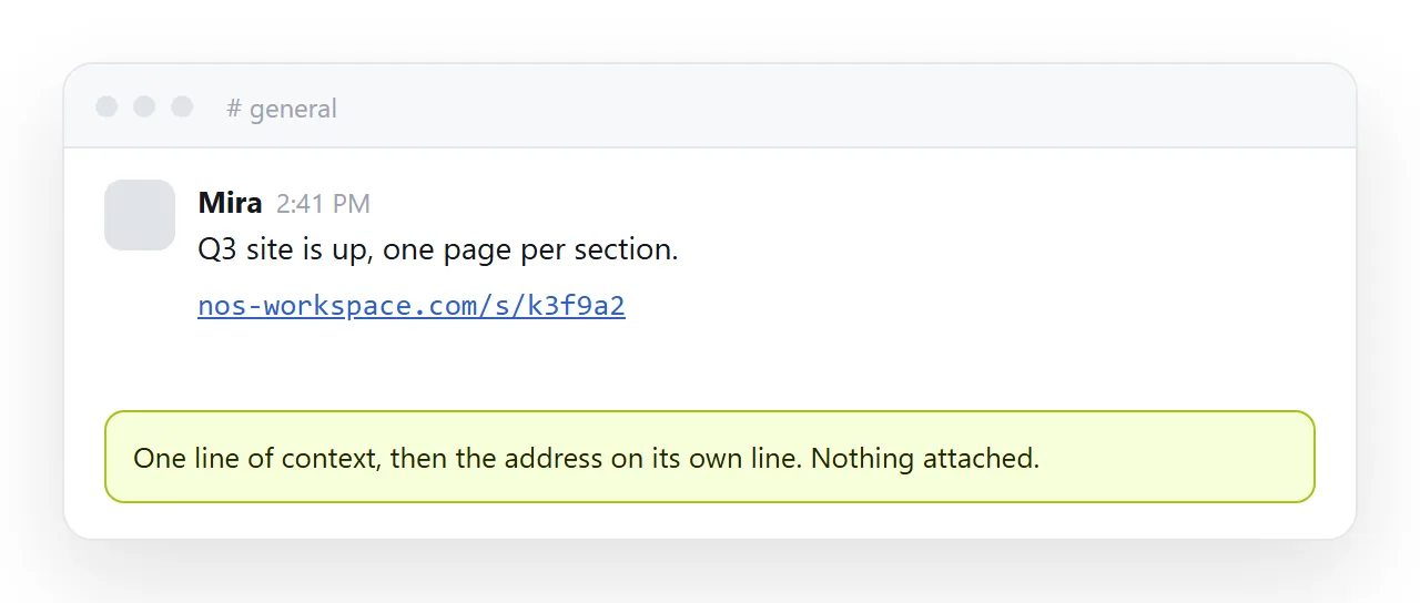 A short message with a line of context and the address on its own line.