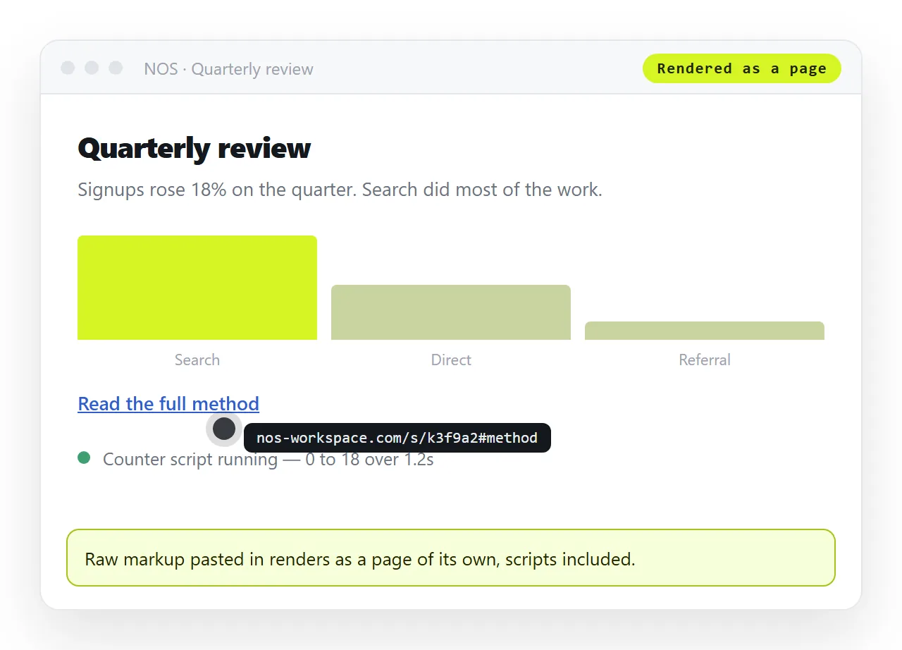 The raw HTML pasted into a NOS document. It renders as a page of its own, scripts included.
