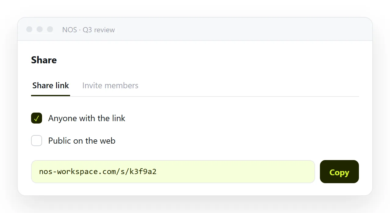 The share dialog. The link is created and unlisted by default.