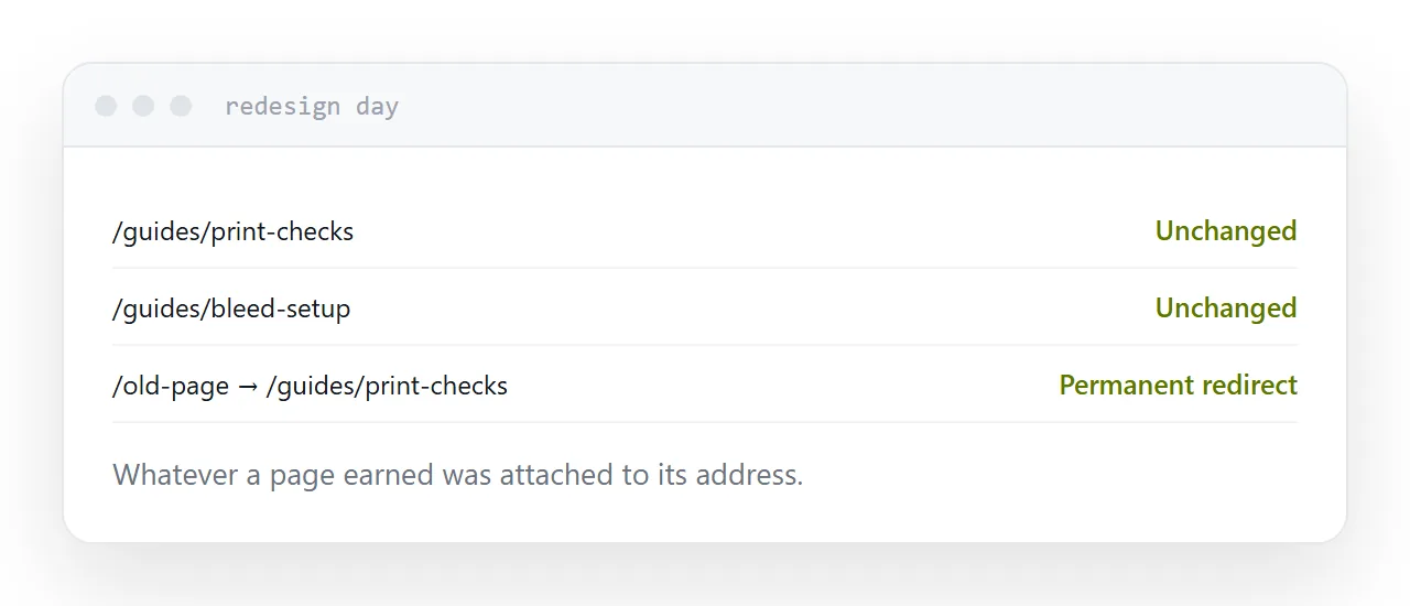 A page keeping its address through a redesign, with a redirect covering the one that moved.