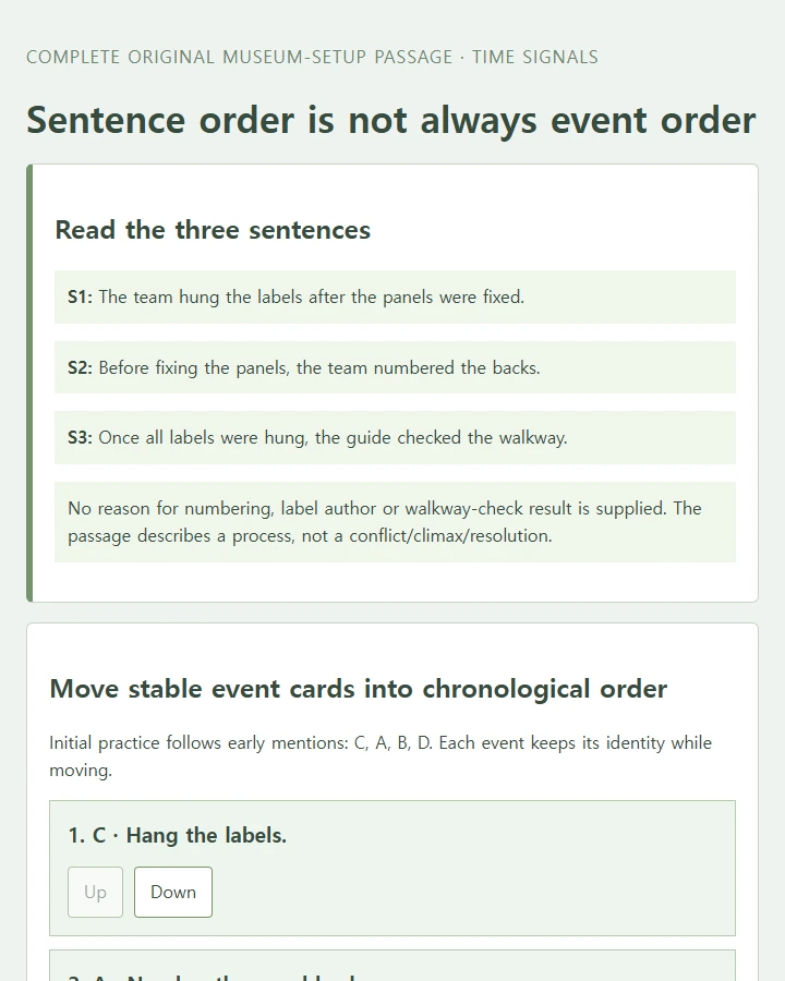 Move four events into chronological order and inspect the before, after, and once clues