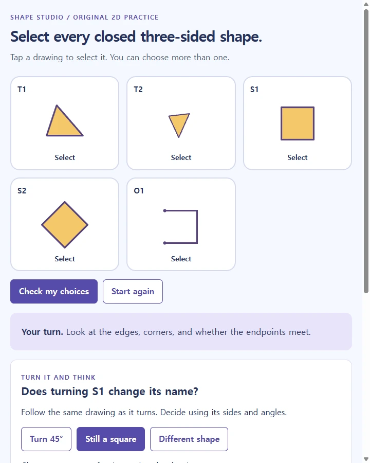 Shape studio • look for the attributes — Help learners identify shapes by defining attributes across rotation and size changes, and explain why an open three-segment drawing is…