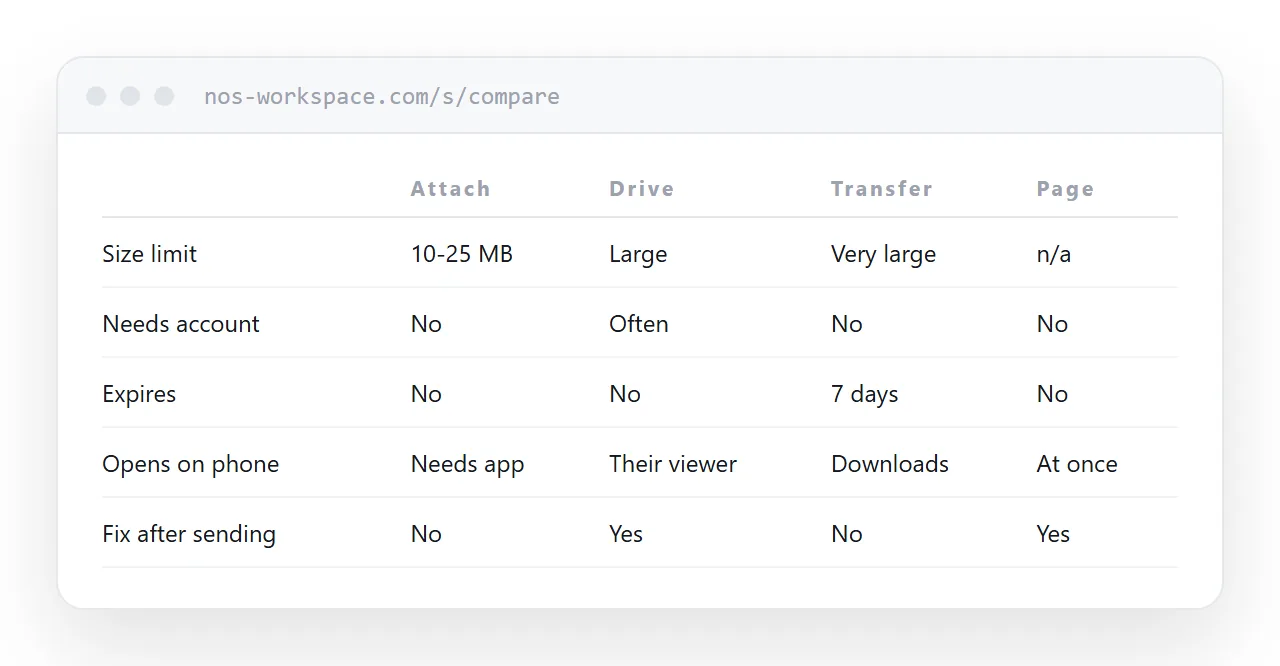 The same document offered four ways: attachment, drive link, transfer service, and a page.