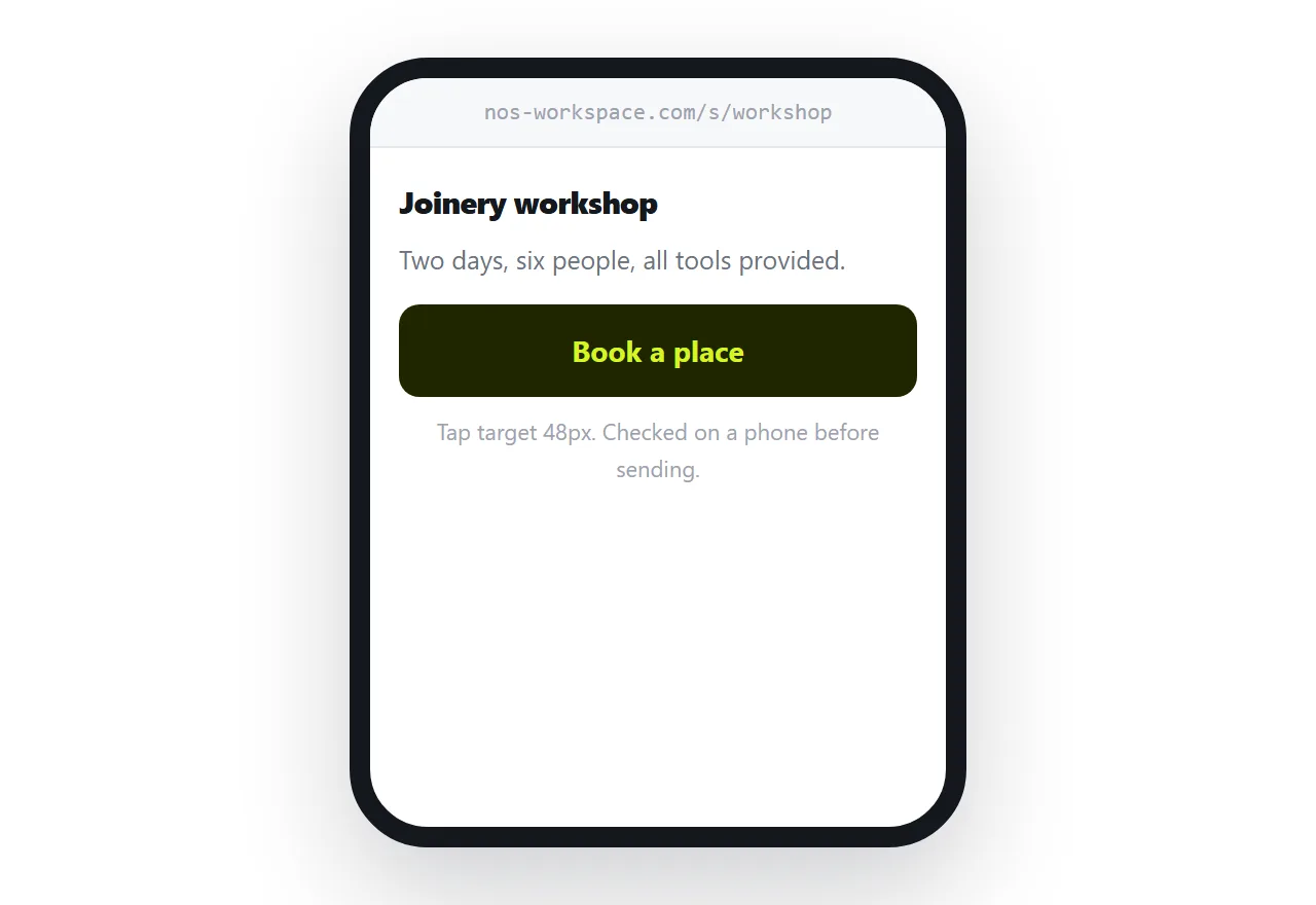 The same page checked on a phone before sending, with touch targets visible.