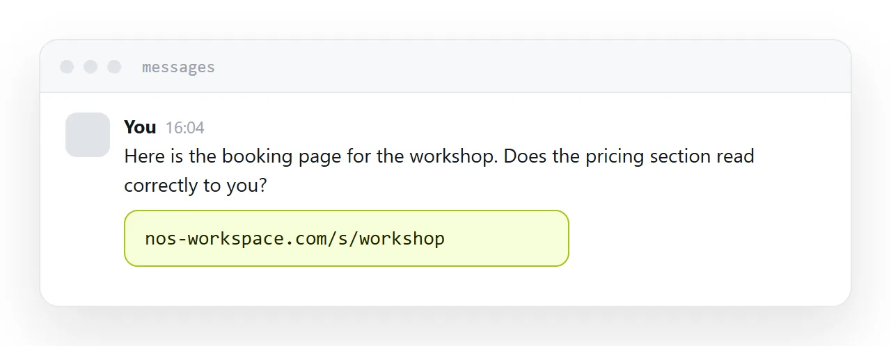 A message containing one line of context and a link, with the page open beside it.