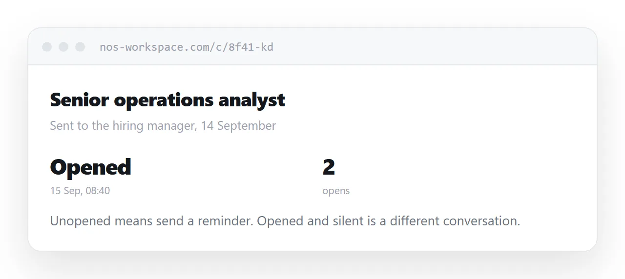 An open status beside a shared profile showing when the hiring manager viewed it.