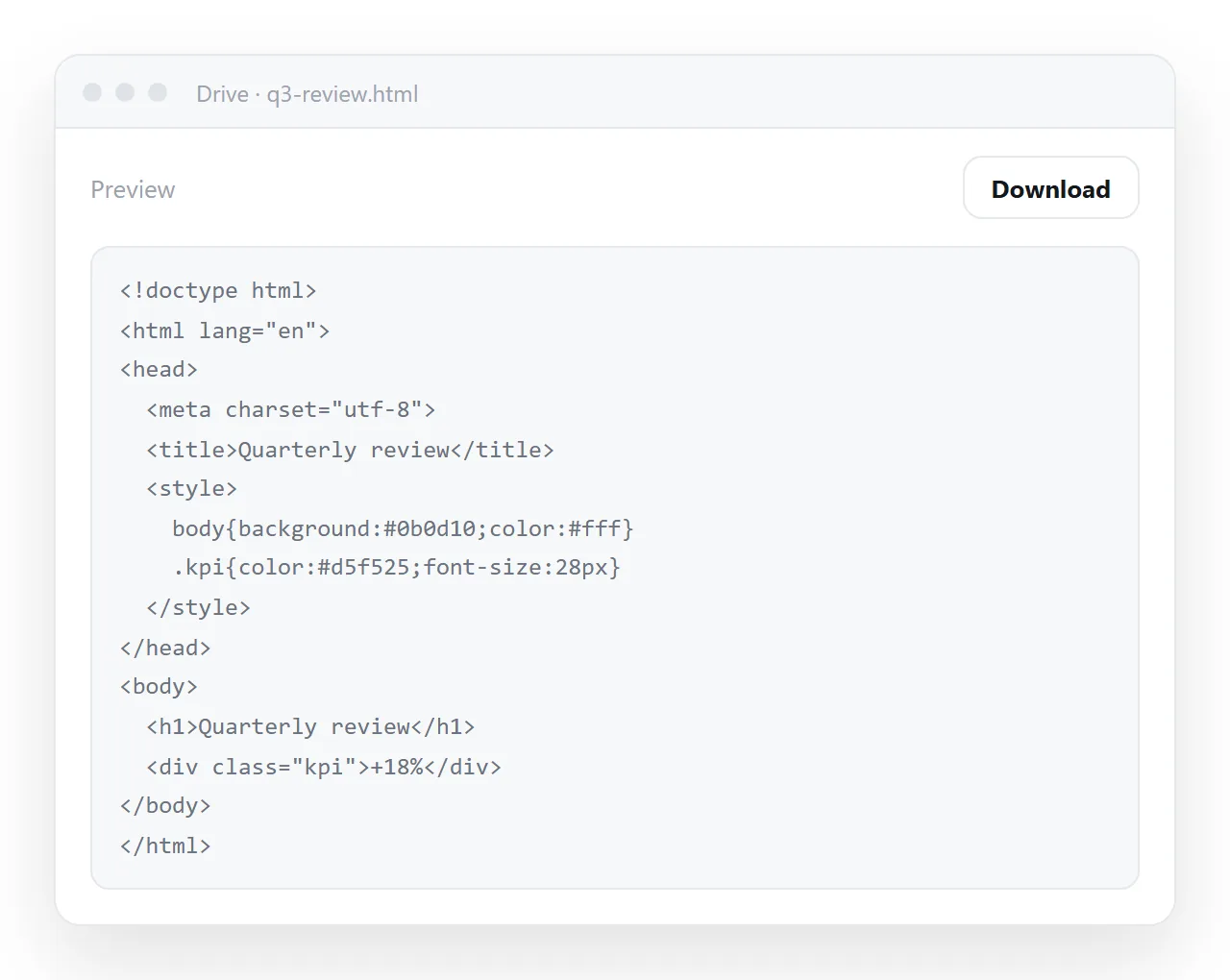 A cloud drive previewing an HTML file as raw markup rather than a page.