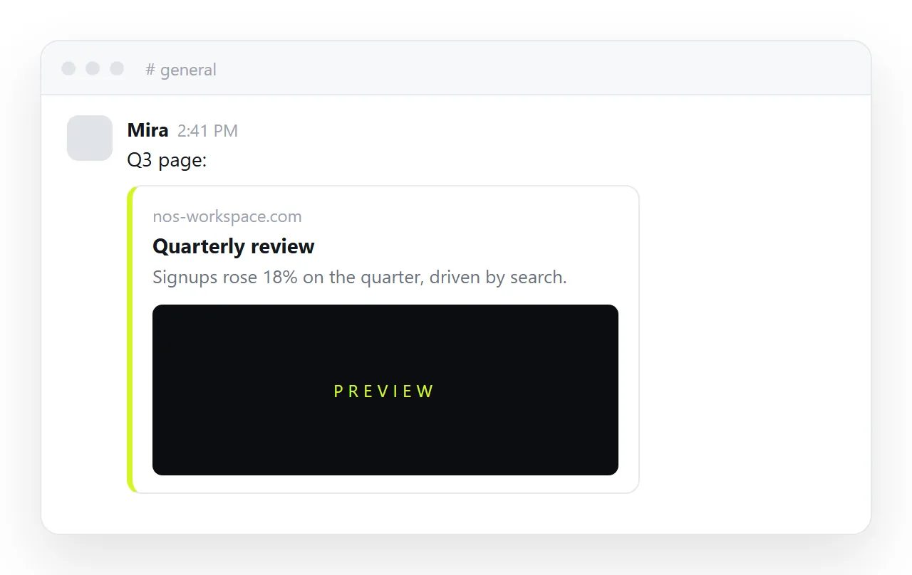 A share link pasted into a chat, unfurling into a preview card with a title.