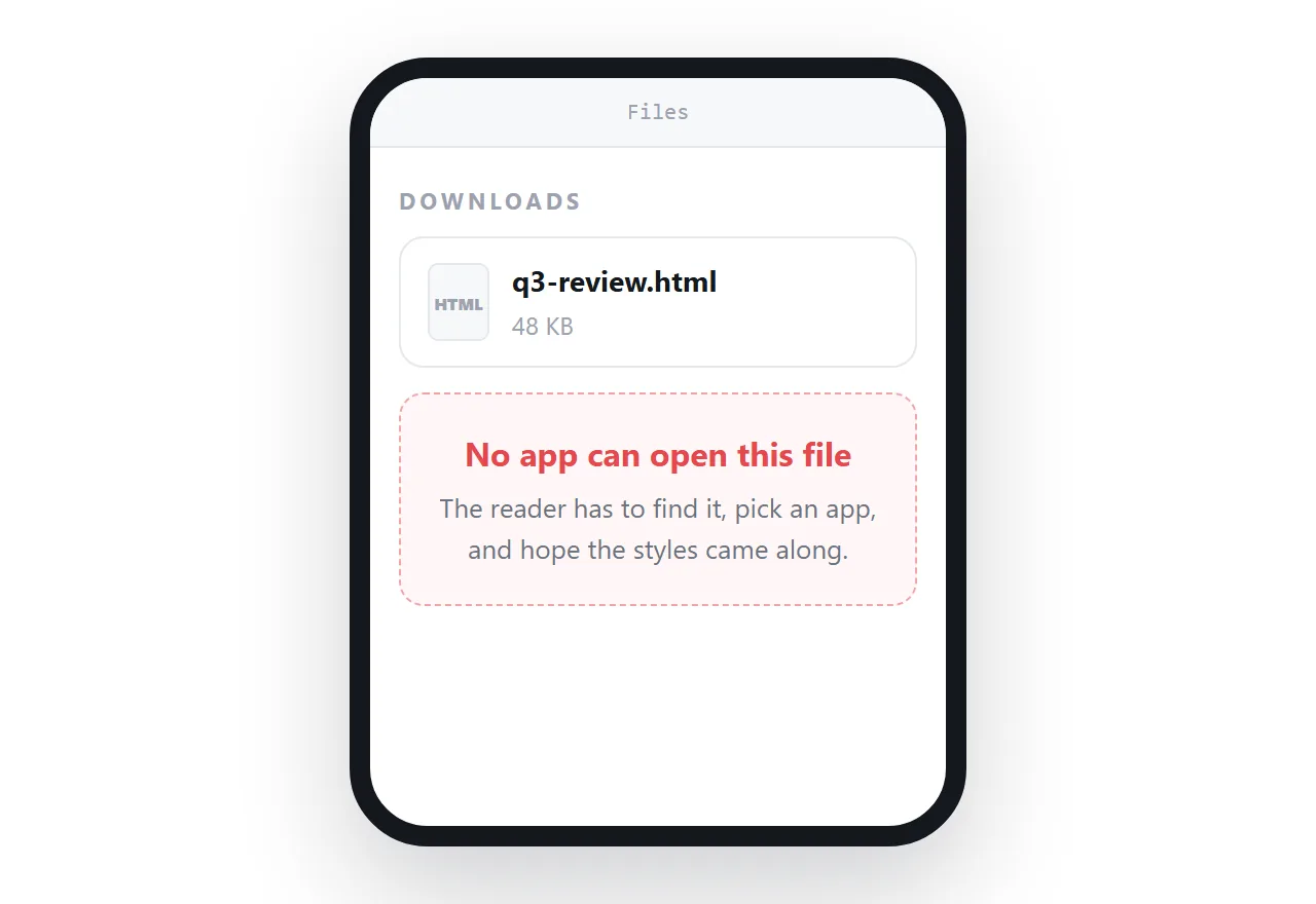 On a phone the attachment lands in storage, and nothing offers to open it.