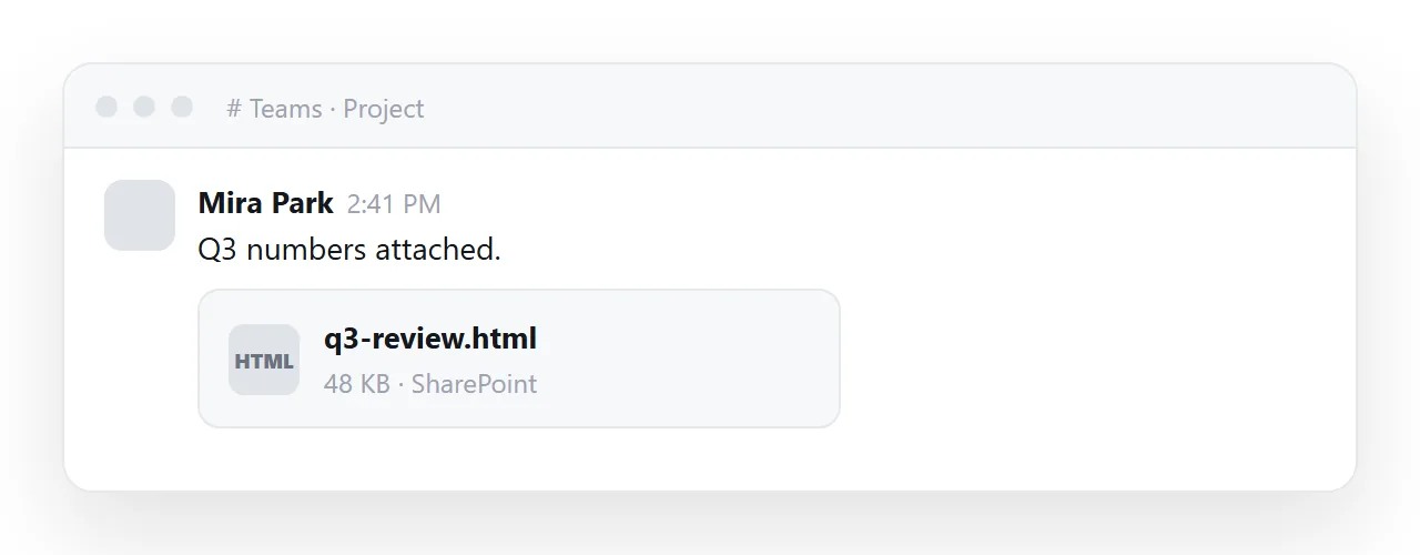 An HTML file posted in Teams becomes a file card. SharePoint serves it as a download, not a page.