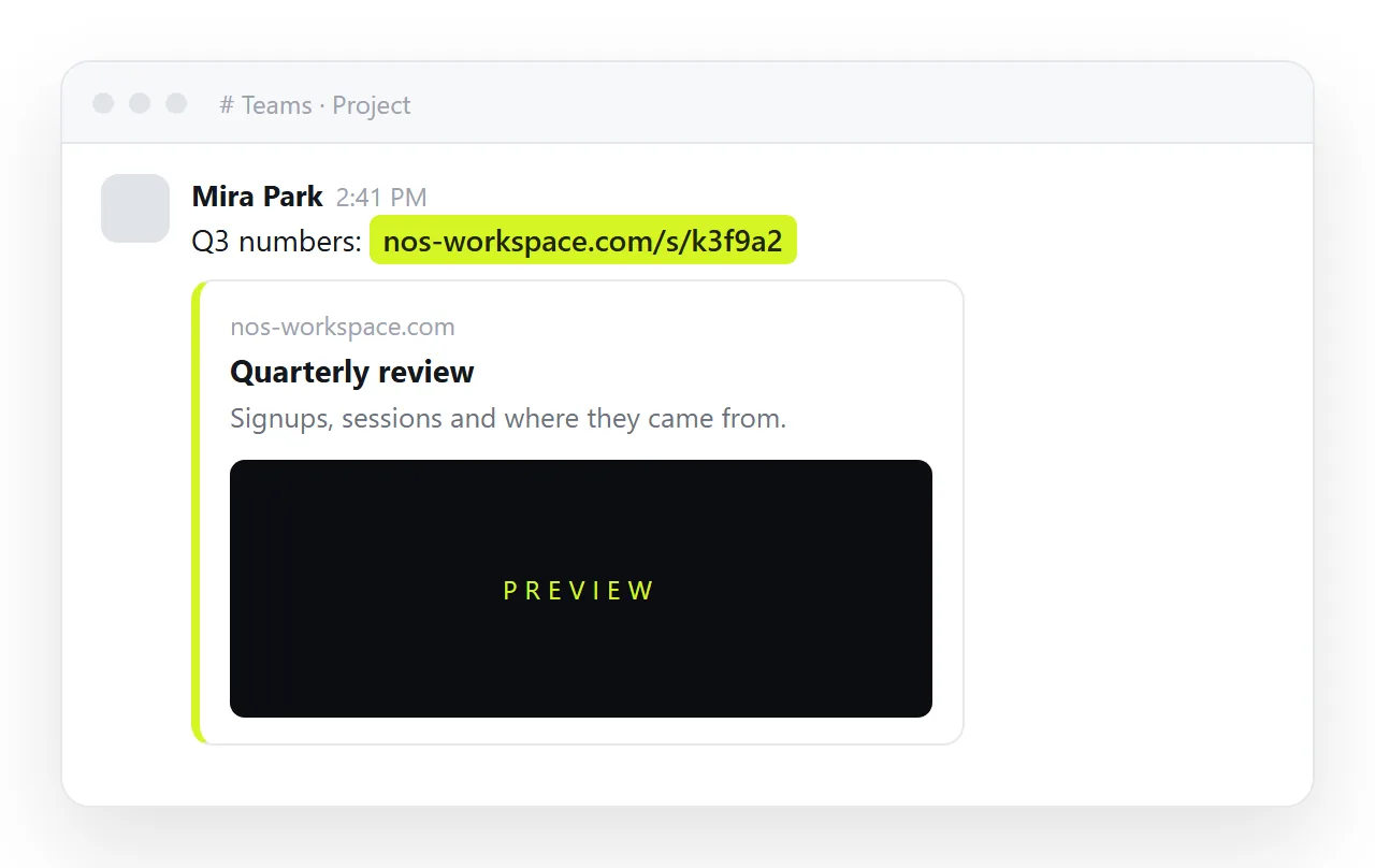 The same page posted as a link. Teams shows a preview card and it opens in one click.