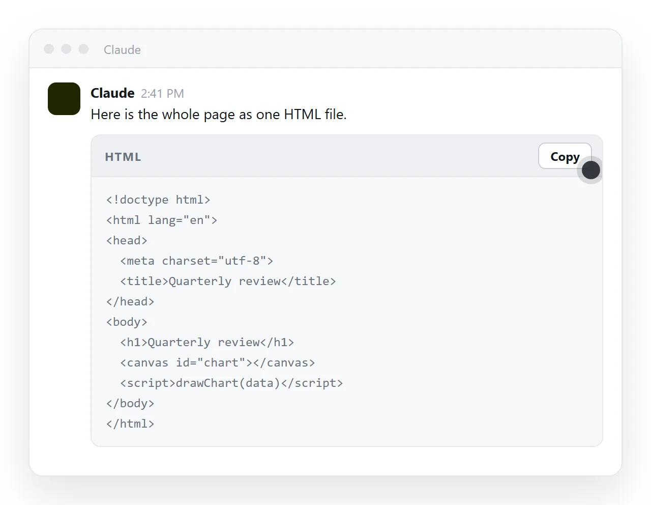 The HTML code block inside a chat window, with the copy control at the top of the block.