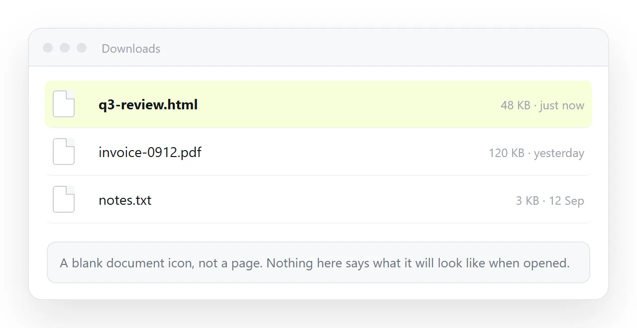 A saved .html file sitting in the downloads folder with a generic document icon.