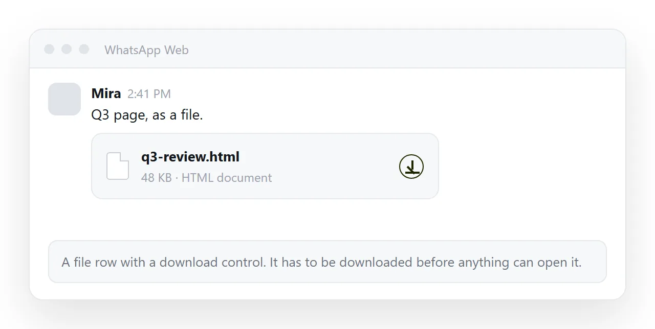 An HTML document in a chat thread, shown as a file row with a download icon.