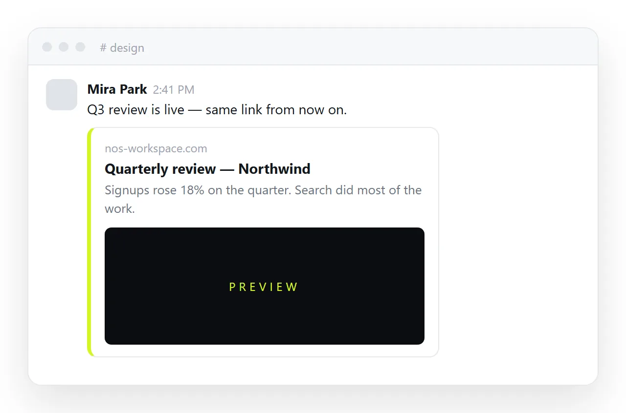 A link pasted into a chat, unfurling into a card with a page title.
