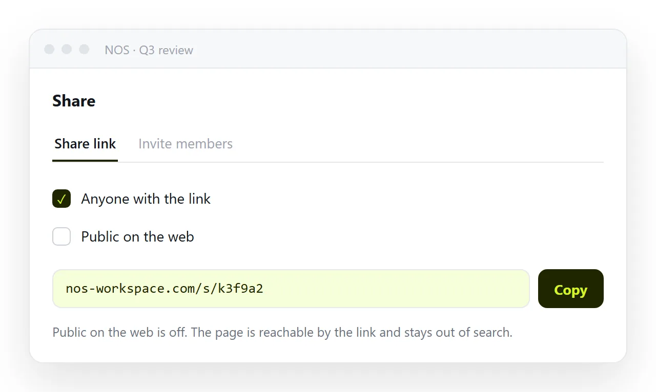 The share panel with a created link and Public on the web unticked.