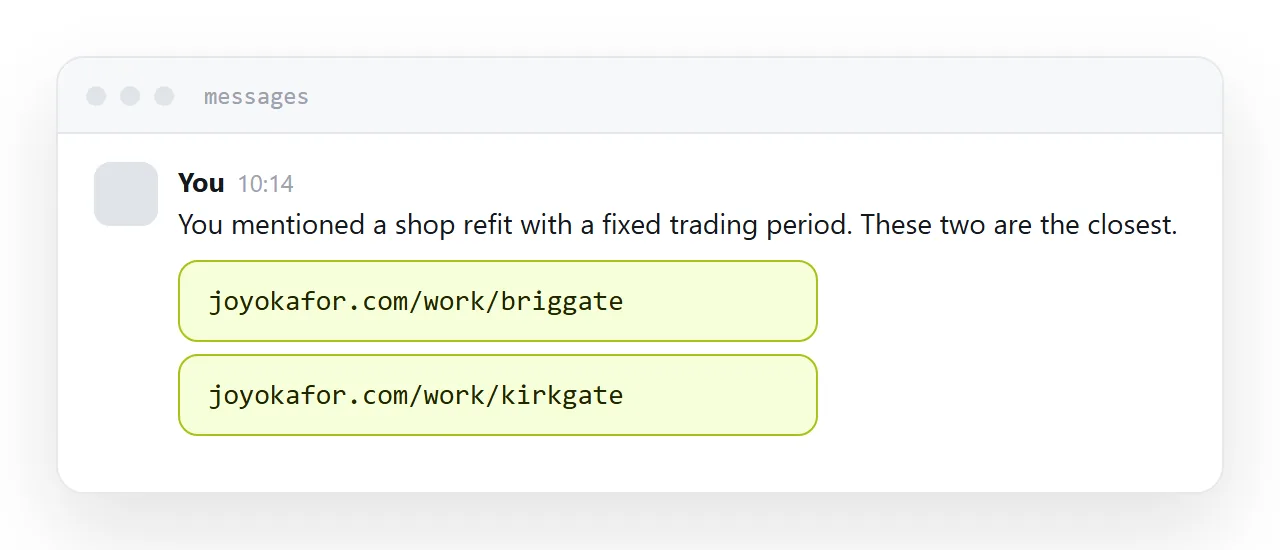 A message with two portfolio links and one line of relevance each.