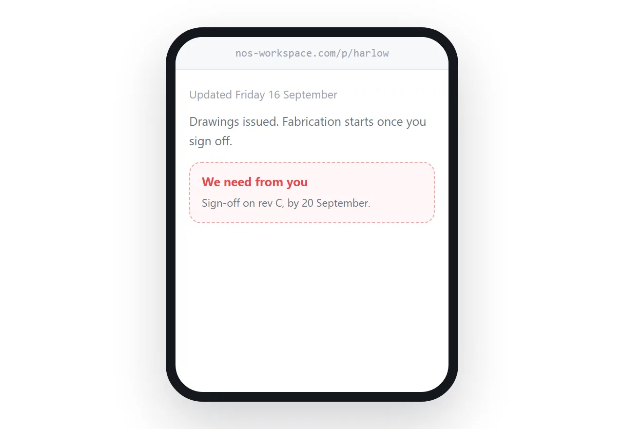 A project status page showing current stage, next step and one item awaited from the client.