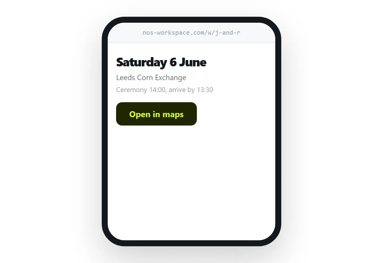 A wedding details page on a phone with time, venue and a map link at the top.