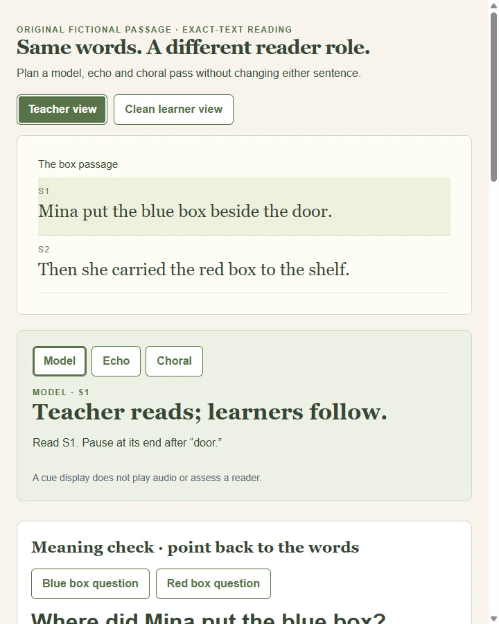 Two Boxes · Shared Reading Plan — Plan who reads each exact text segment across modeled, echo and choral reading, with phrase pauses, meaning checks and observation.