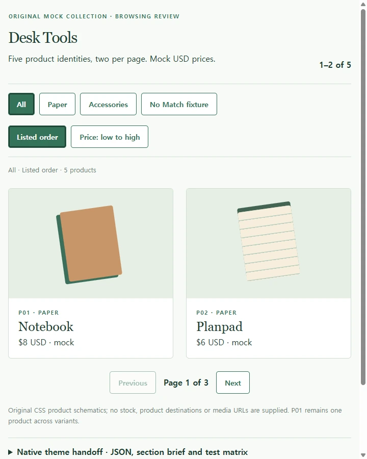 Desk Tools collection review — Plan a native Shopify collection template with stable product identity, whole-set filter/sort behavior, pagination and an explicit empty…