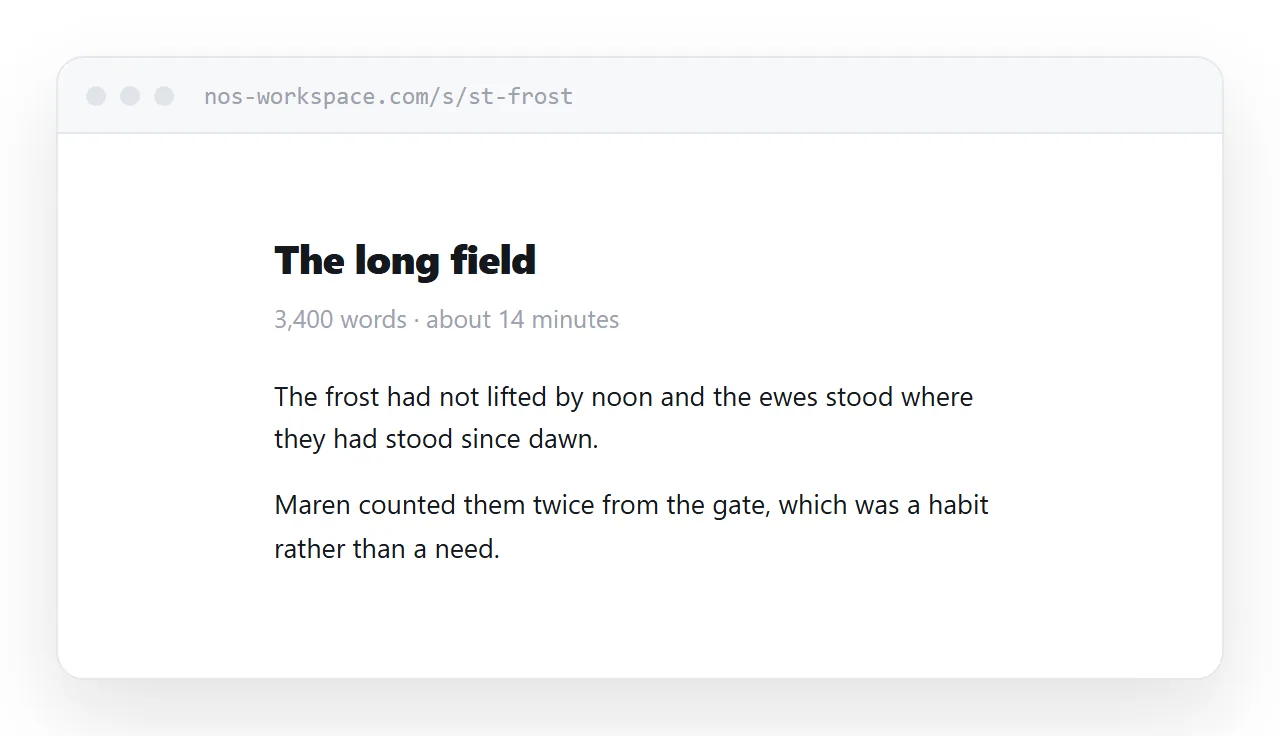 A short story in a browser. Title, word count, and a narrow column of prose.