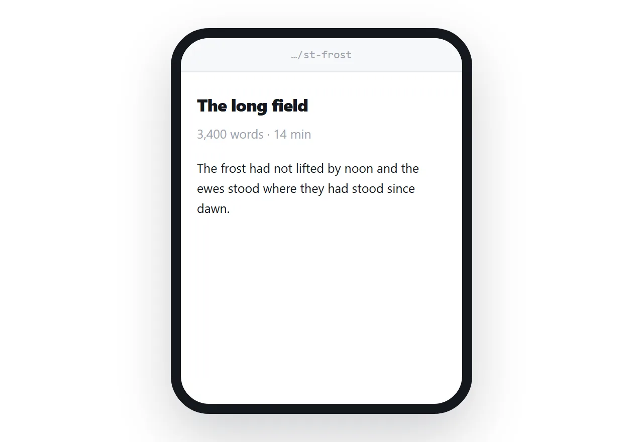The same story on a phone. Title, word count, and the opening paragraphs in a single column.